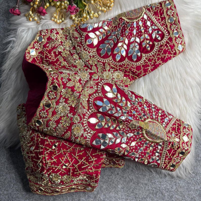 Red Peacock Mirror Work Designer Blouse | Heavy Embroidery Party Wear Stitched Blouse