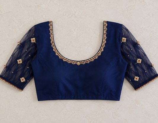 Royal Blue Designer Blouse with Sheer Net Sleeves & Floral Embellished Back