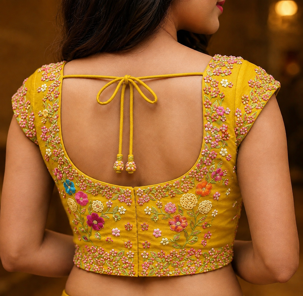 Designer Yellow Floral Embroidered Blouse with Beautiful Back Tie-Up & Short Sleeves