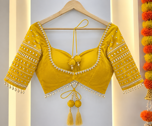 Yellow Designer Embroidered Blouse with Sequin Work, Elbow Sleeves & Latkan Detailing