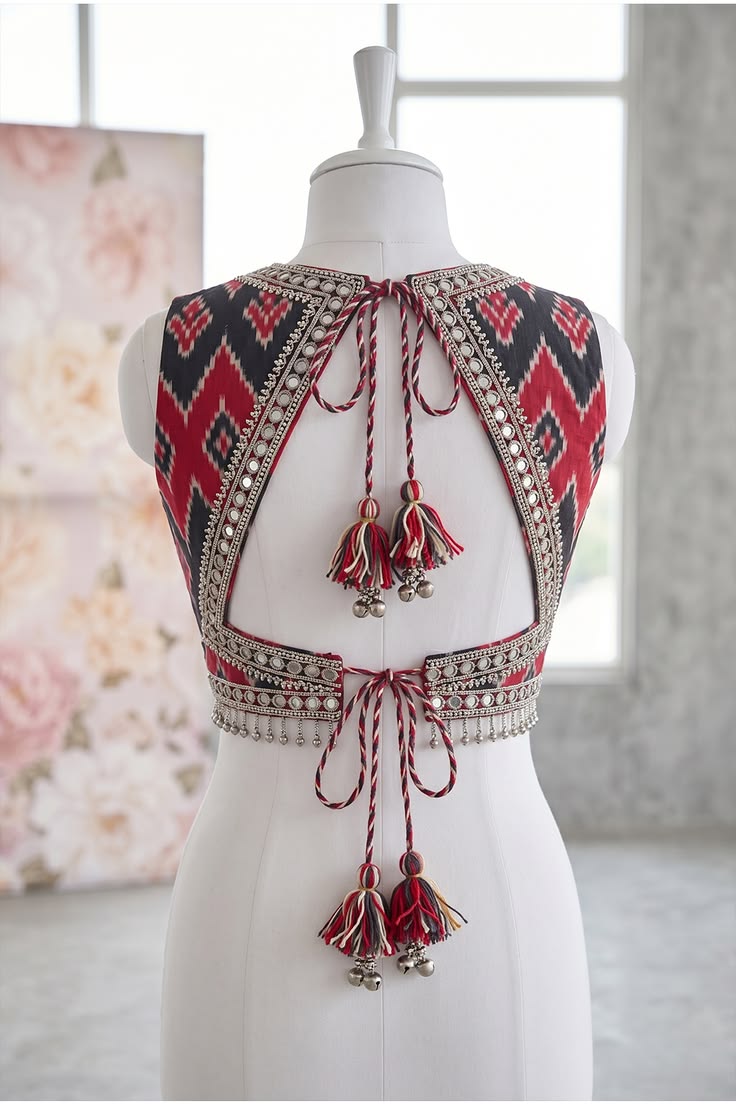 Red & Black Ikat Print Designer Blouse with Mirror Work & Beaded Border