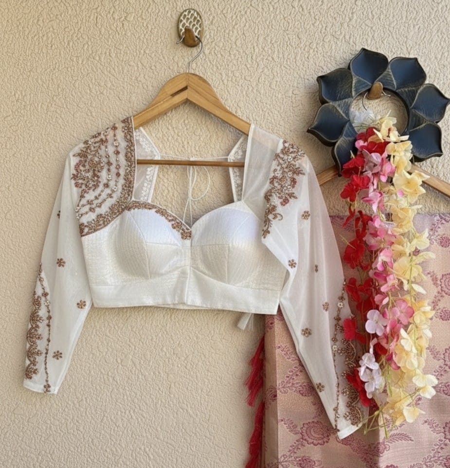 Elegant Ivory Sheer Net Embroidered Blouse with Sweetheart Neckline