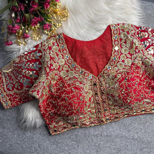 Red Peacock Mirror Work Designer Blouse | Heavy Embroidery Party Wear Stitched Blouse