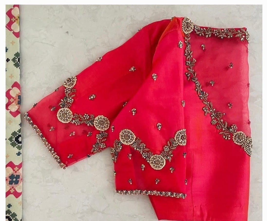 Hot Pink Silk Blouse with Sheer Embroidered Yoke & Zari Work Sleeves