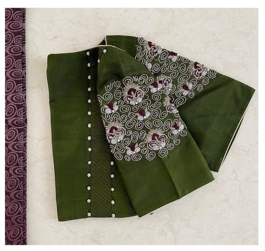 Olive Green Embroidered Silk Blouse with Elbow Sleeves & Pearl Detailing