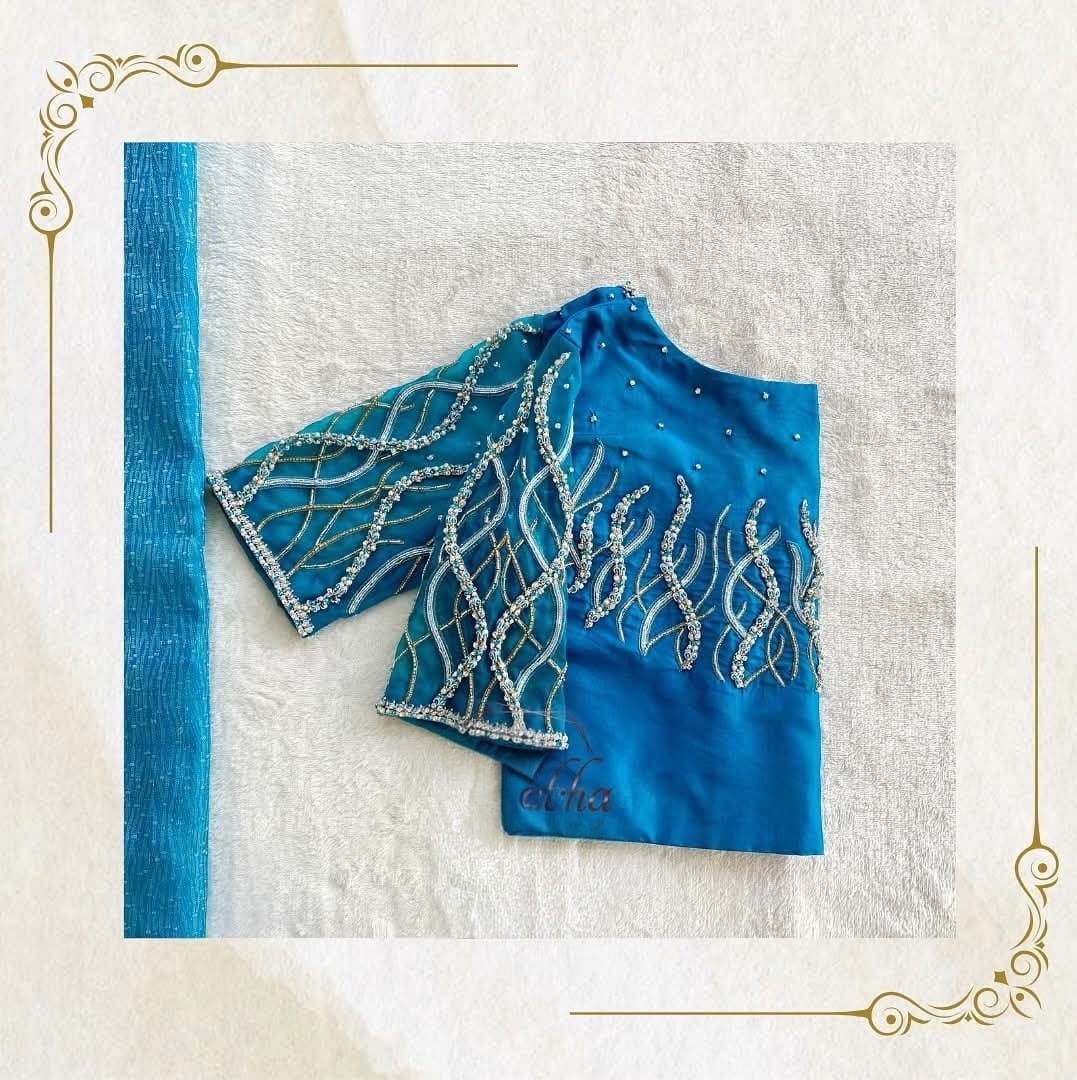 Teal Blue Hand-Embroidered Designer Blouse with Sheer Sleeves
