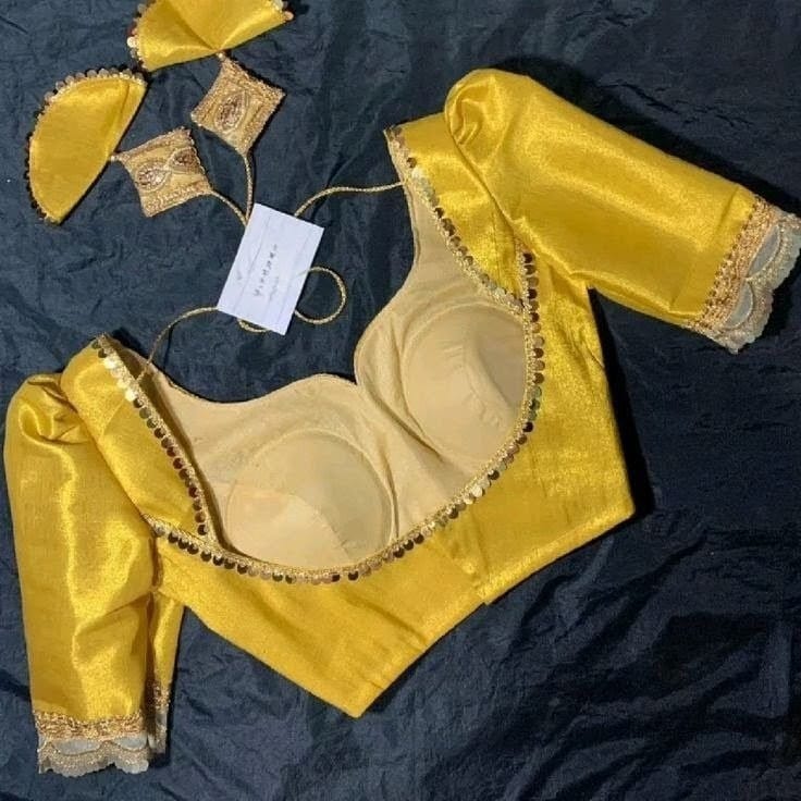 Sunshine Yellow Silk Blouse with Puff Sleeves & Tassel Tie-Up Back