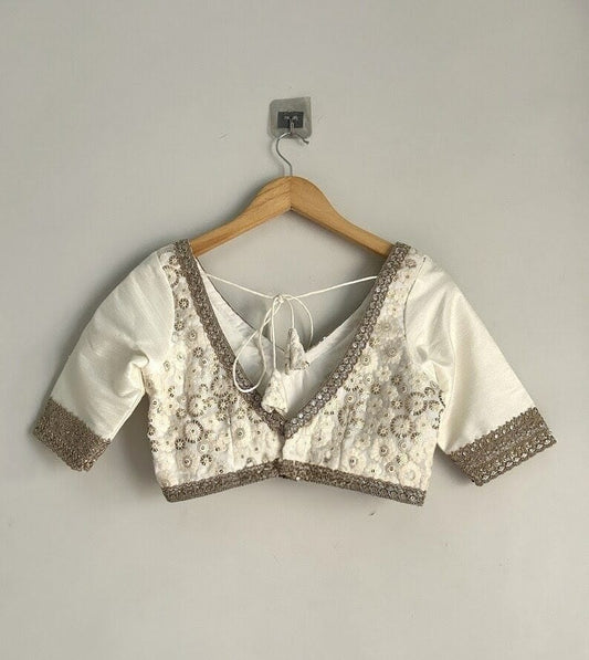 Embroidered V-Neck Blouse with Elbow Sleeves & Tie-Up Back