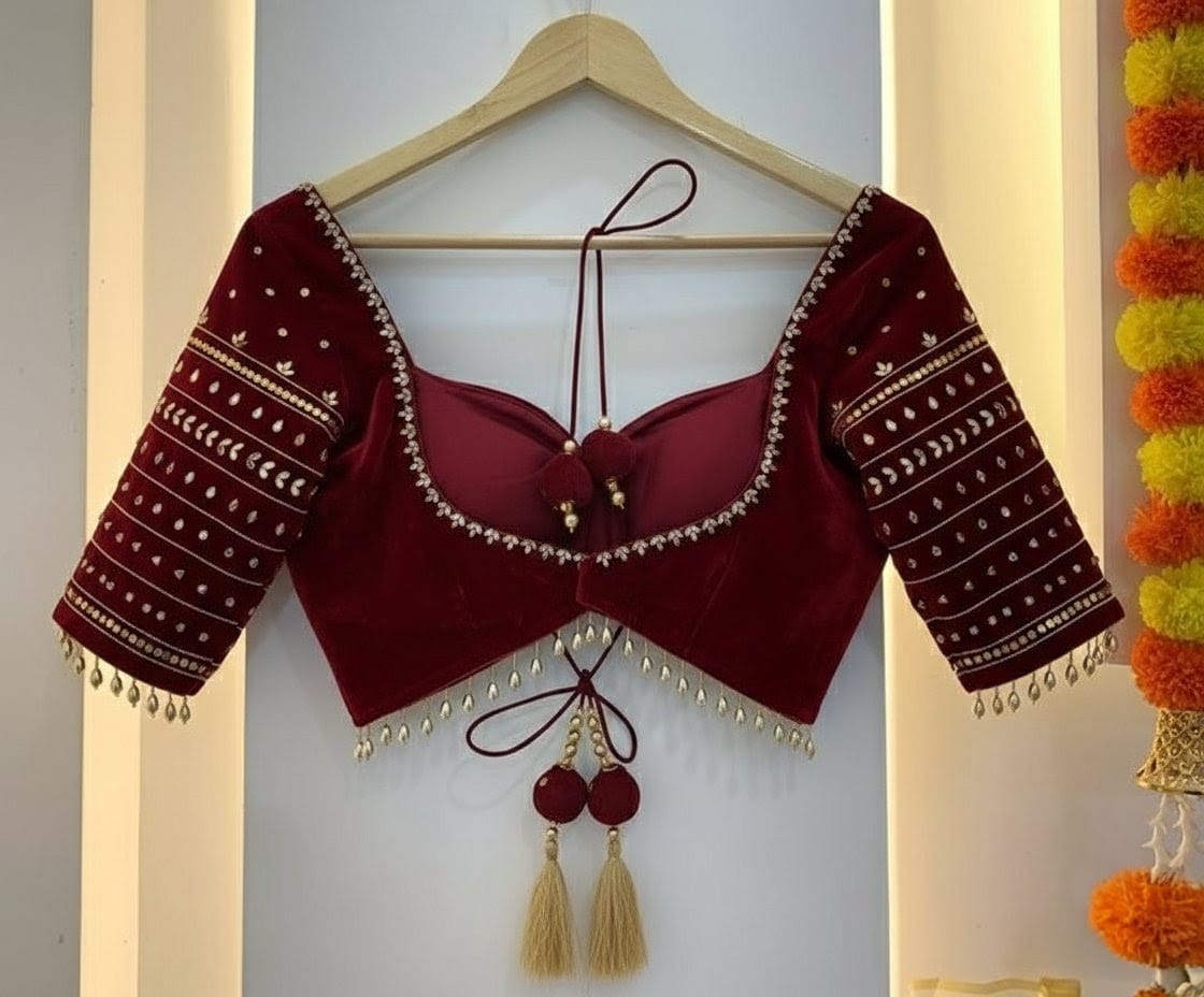 Maroon Silk Designer Blouse with Embroidered Sleeves & Tassel Tie-Up Back