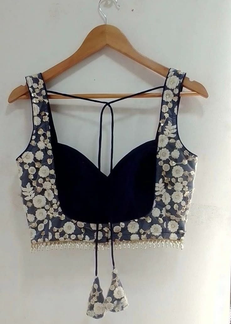 Navy Blue Floral Embroidered Blouse with Lace Border & Tie-Up Back