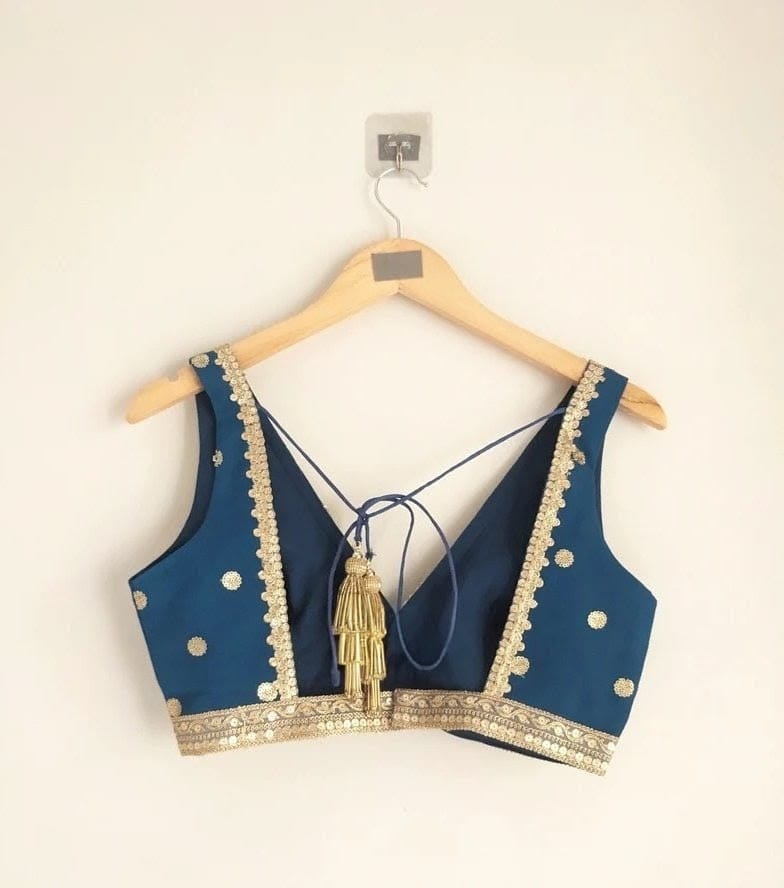 Teal Blue Silk Blouse with Gold Zari Border Detailing