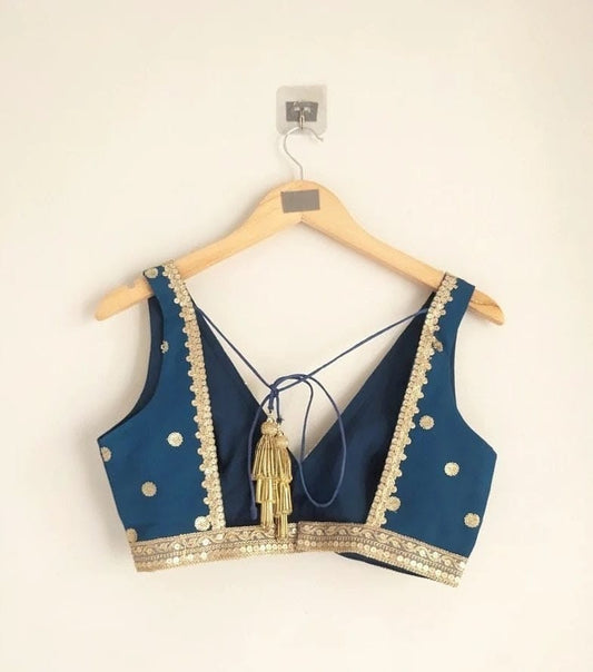 Teal Blue Silk Blouse with Gold Zari Border Detailing