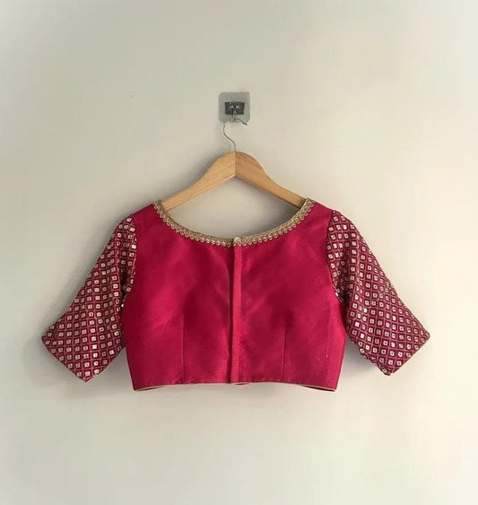 Rani Pink Silk Blouse with Printed Sleeves & Gold Neckline Detailing