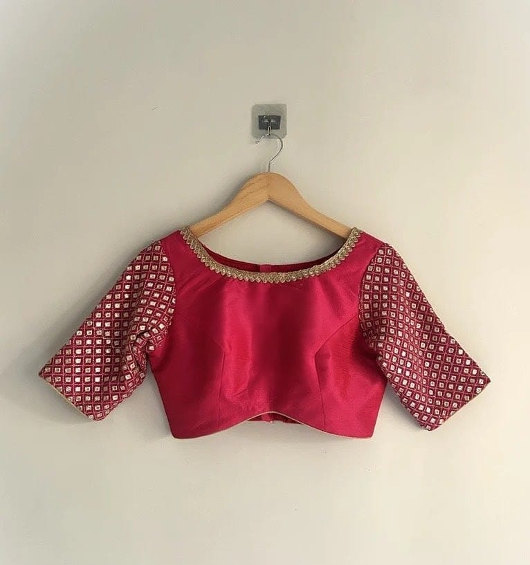 Rani Pink Silk Blouse with Printed Sleeves & Gold Neckline Detailing
