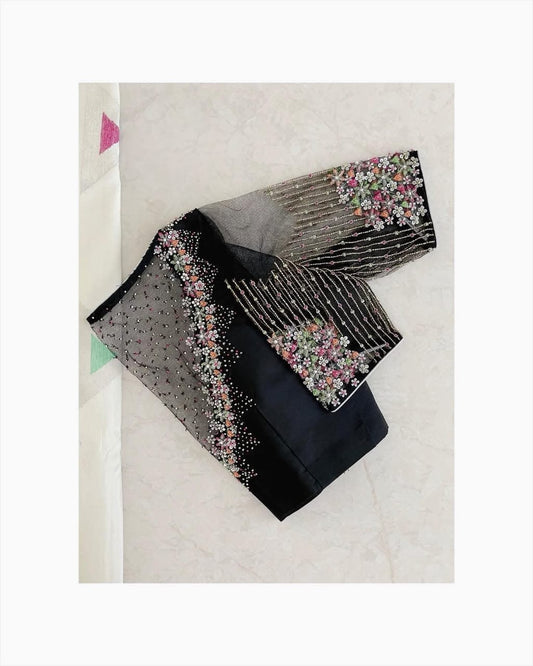 Black Sheer Net Embroidered Designer Blouse with Floral Sleeve Detailing