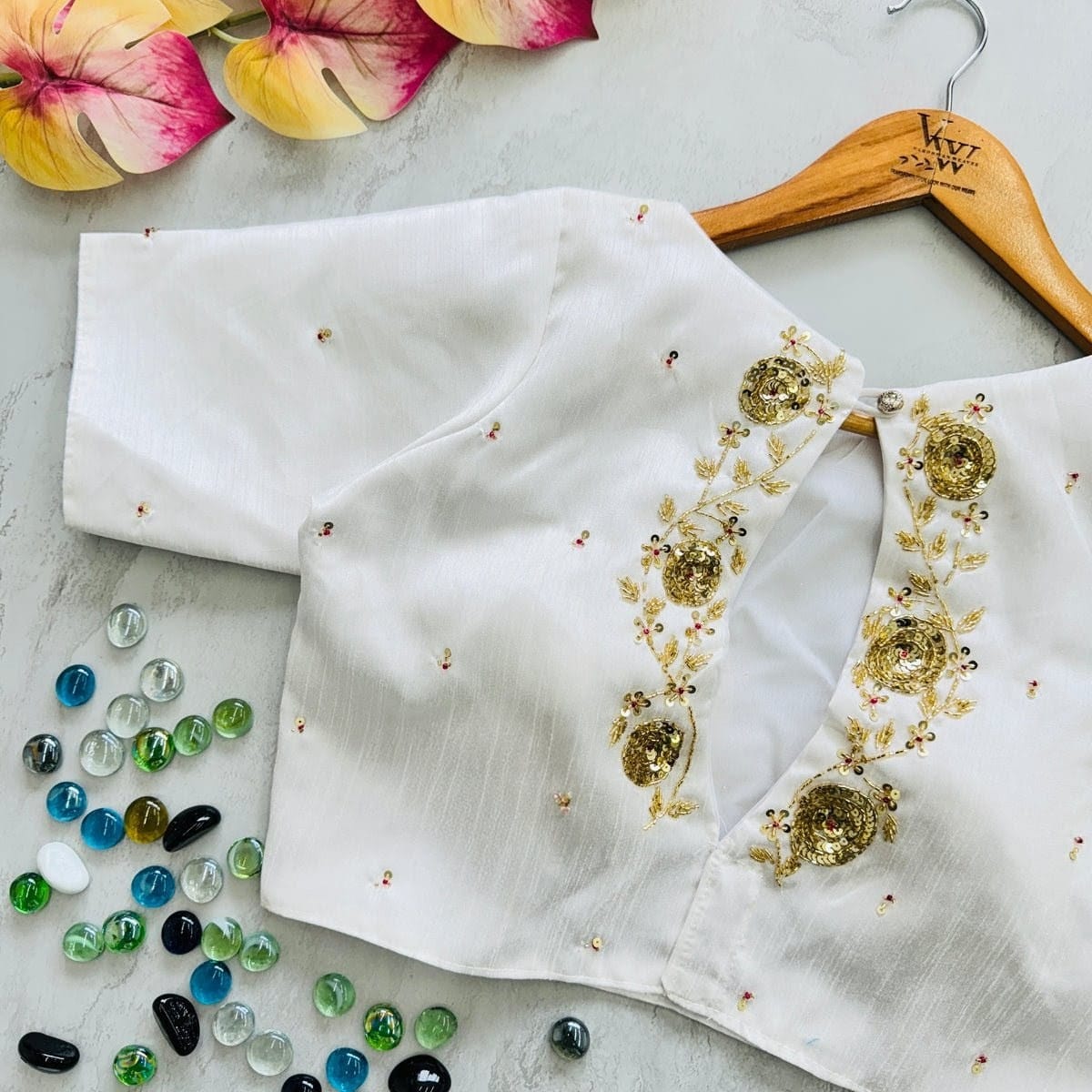 Ivory Embroidered Keyhole Back Designer Blouse