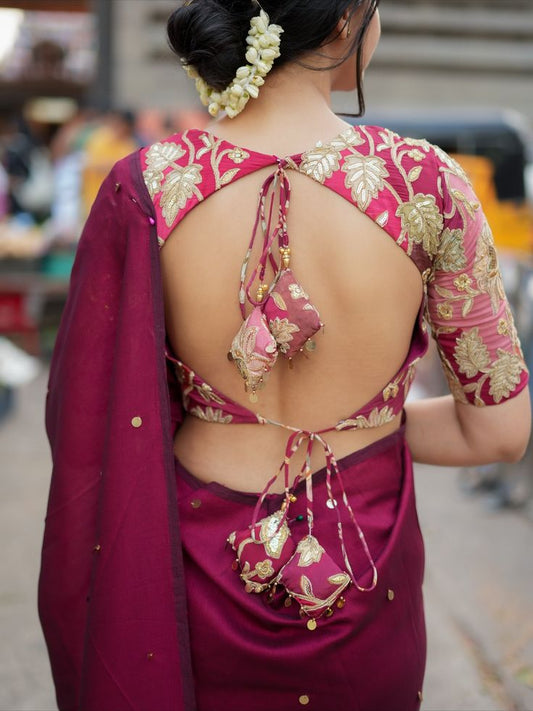 Magenta Embroidered Blouse with Keyhole Back & Tie-Up Detail