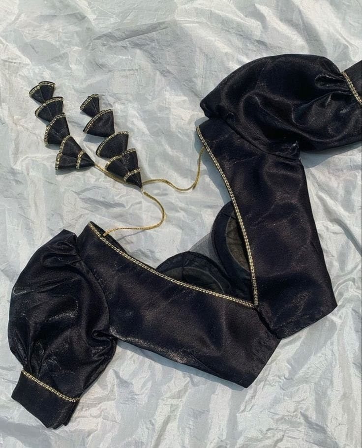 Black Puff Sleeve Blouse with Gold Stitch Detailing & Tassel Tie-Up