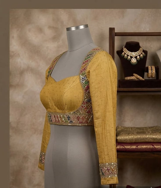 Golden Embroidered Silk Blouse with Keyhole Back & Multicolor Detailing