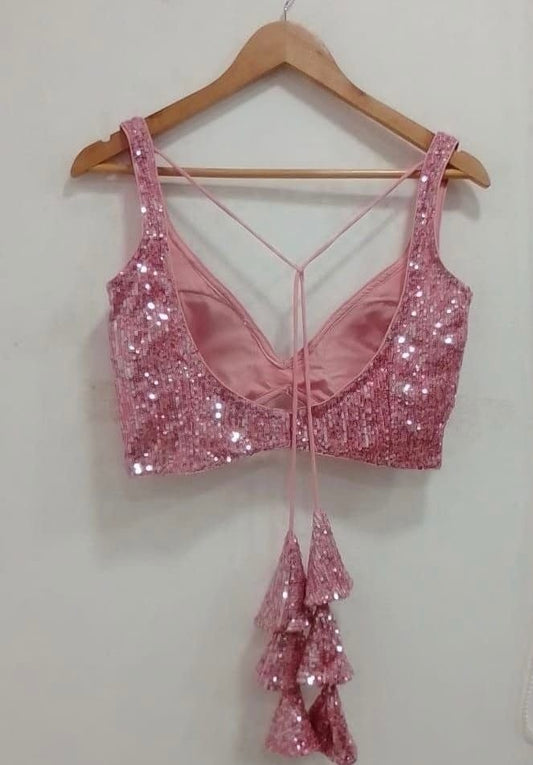 Pink Sequin Designer Sleeveless Saree Blouse with Dori Tassels