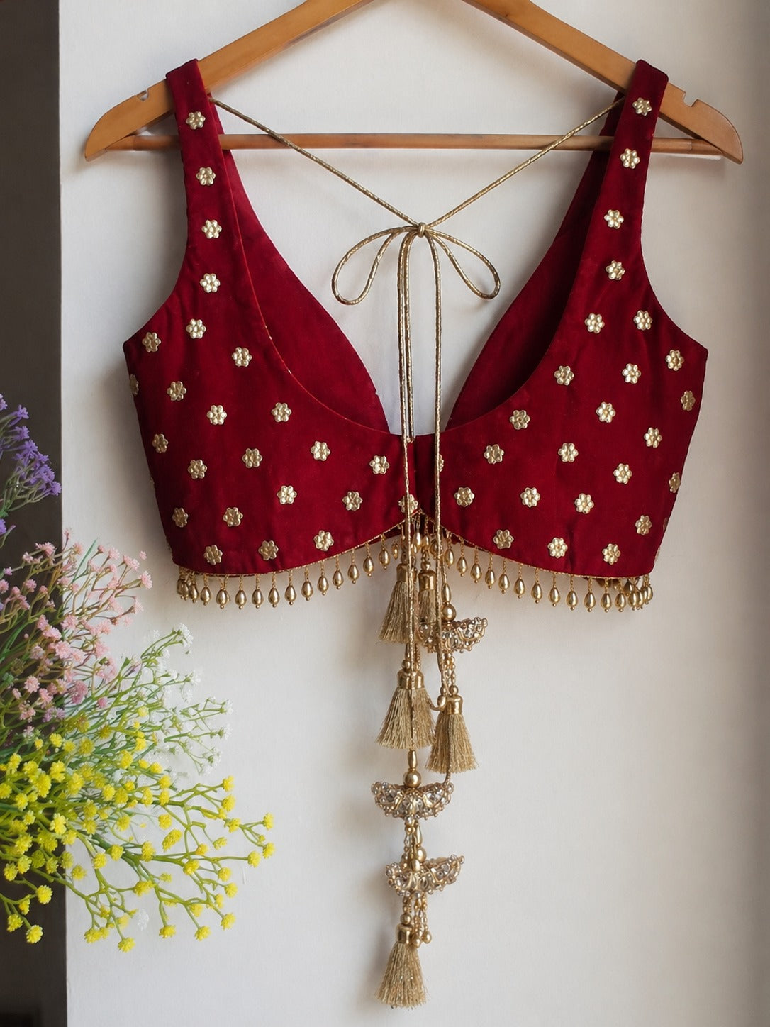 Elegant Maroon Silk Embroidered Blouse with Back Tie-Up Tassels