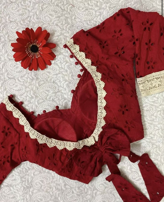Wine Red Cotton Schiffli Designer Blouse with Crochet Lace Border & Back Tie-Up