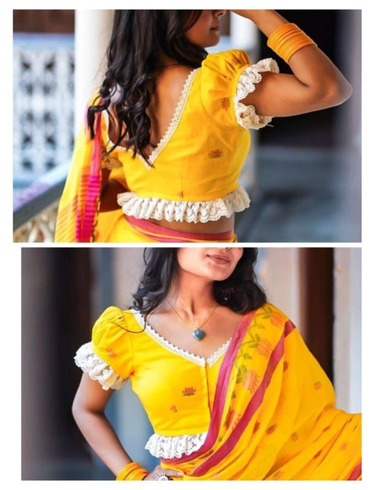 Sunshine Yellow Designer Cotton Blouse with Frill Lace & Deep Back Neck