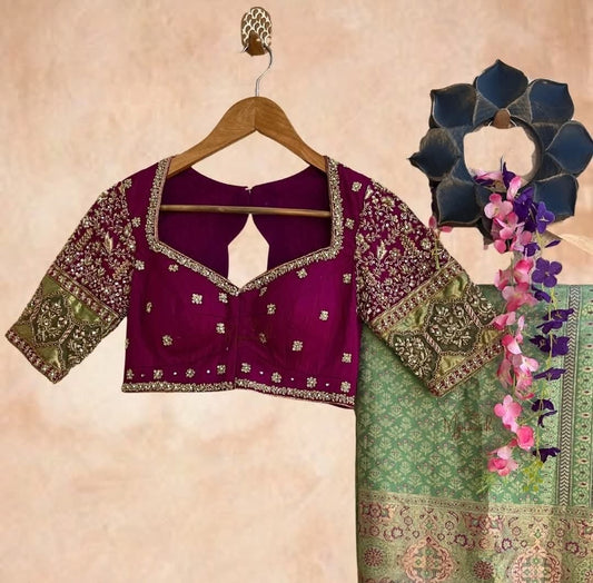 Magenta Cutwork Back Neck Readymade Blouse with Heavy Floral Zari Work