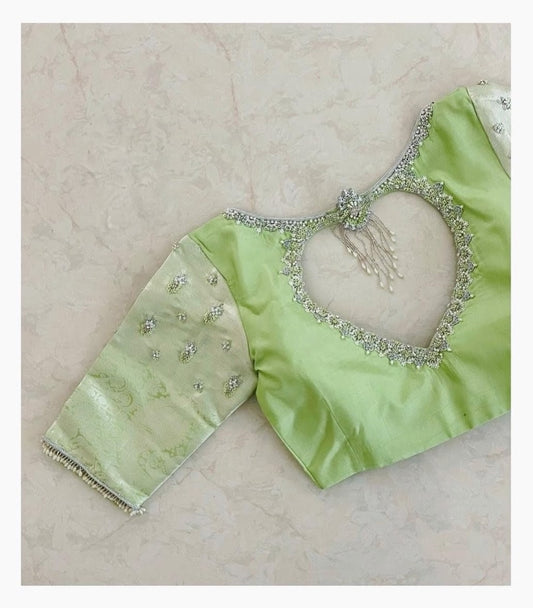 Pista Green Jacquard Silk Boat Neck Padded Readymade Blouse with Designer Sleeves