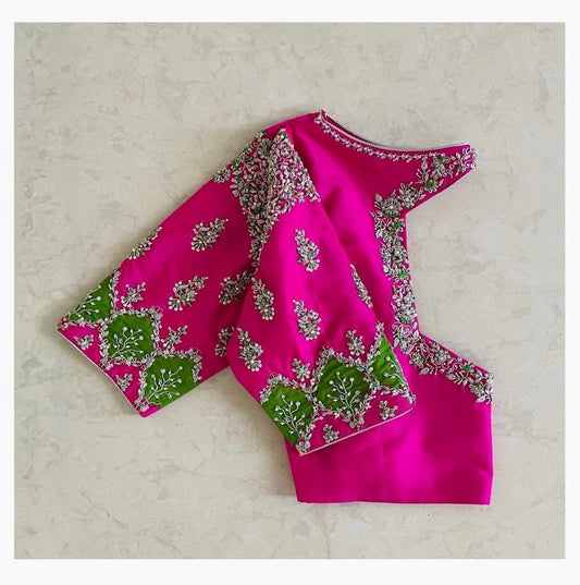 Rani Pink Boat Neck Padded Readymade Designer Blouse with Heavy Embroidery