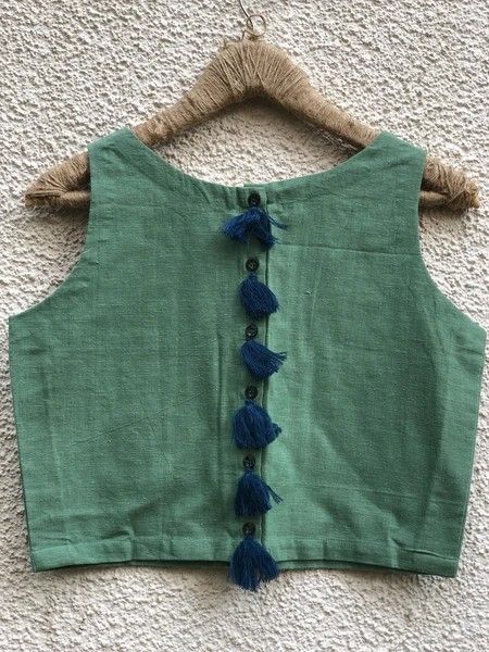 Sage Green Cotton Sleeveless Designer Blouse with Tassel Back