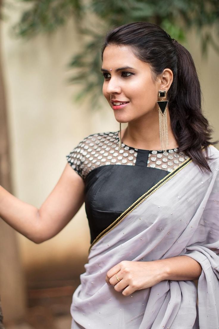Black Satin Blouse with Embroidered Sheer Net Yoke