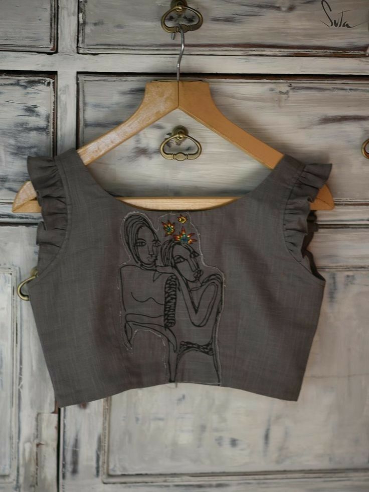 Grey Designer Embroidered Art Blouse with Ruffle Sleeves
