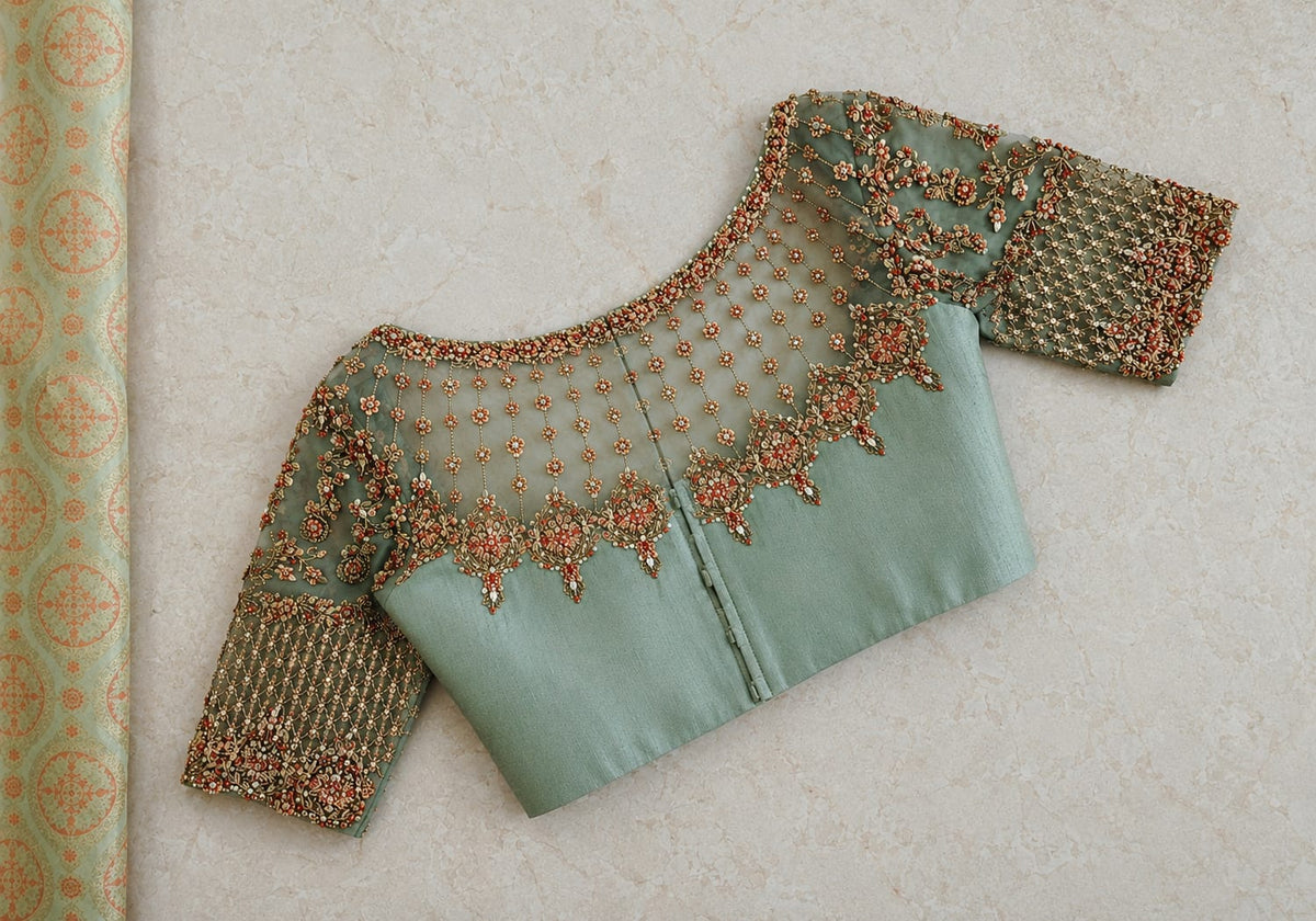 Sea Green Embroidered Designer Blouse with Floral Handwork