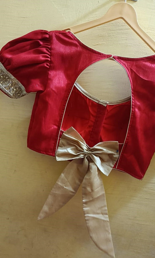Red Puff Sleeve Bow Tie-Back Designer Blouse