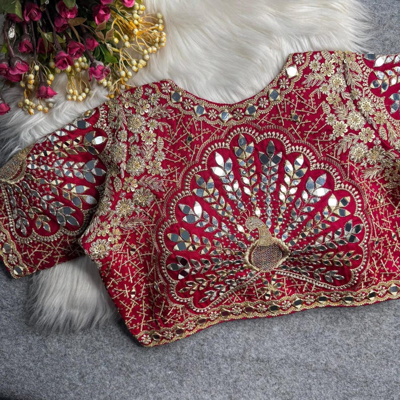 Red Peacock Mirror Work Designer Blouse | Heavy Embroidery Party Wear Stitched Blouse