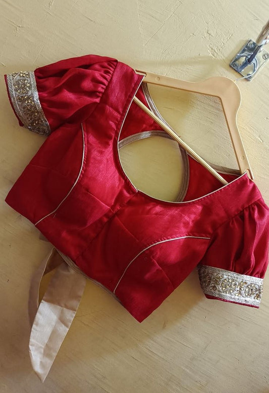 Red Puff Sleeve Bow Tie-Back Designer Blouse