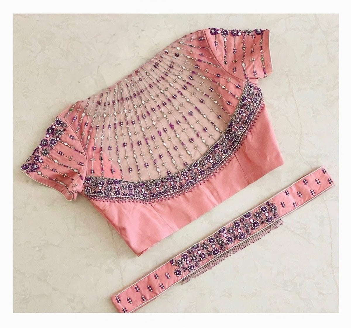 Peach Hand Embroidered Designer Saree Blouse with Net Back & Beadwork