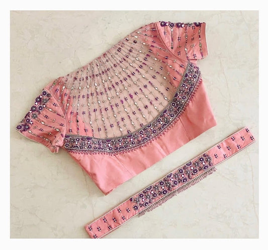 Peach Hand Embroidered Designer Saree Blouse with Net Back & Beadwork