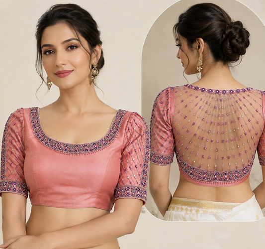 Peach Hand Embroidered Designer Saree Blouse with Net Back & Beadwork