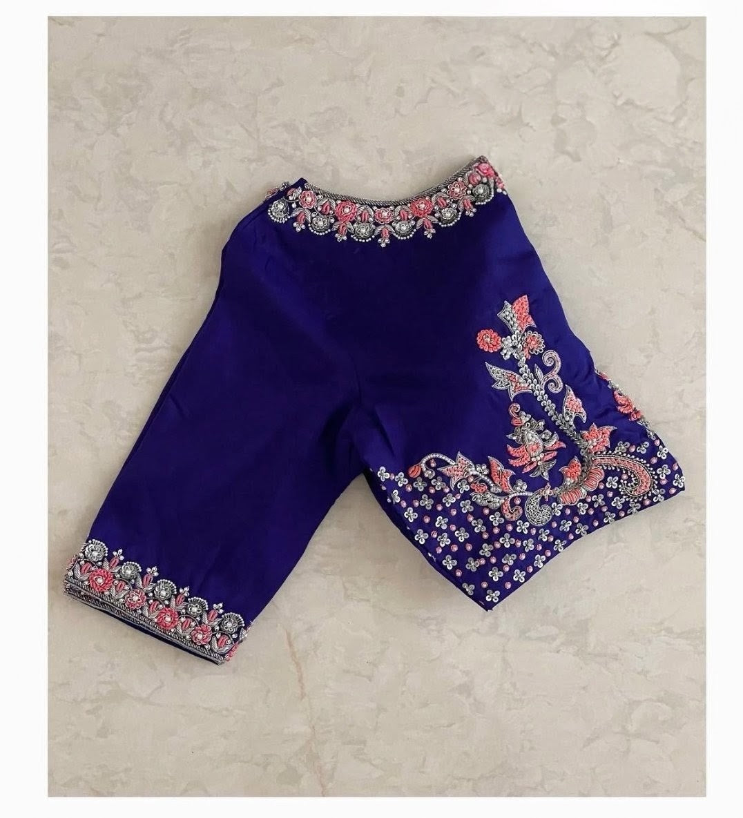 Royal Indigo Designer Blouse with Floral Thread Embroidery & Elegant Neckline Border