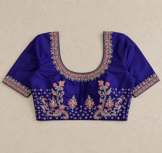 Royal Indigo Designer Blouse with Floral Thread Embroidery & Elegant Neckline Border
