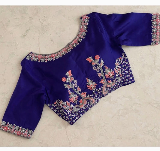 Royal Indigo Designer Blouse with Floral Thread Embroidery & Elegant Neckline Border