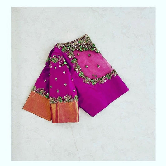 Premium Magenta Designer Blouse with Sheer Net Back & Zari Embroidery Work
