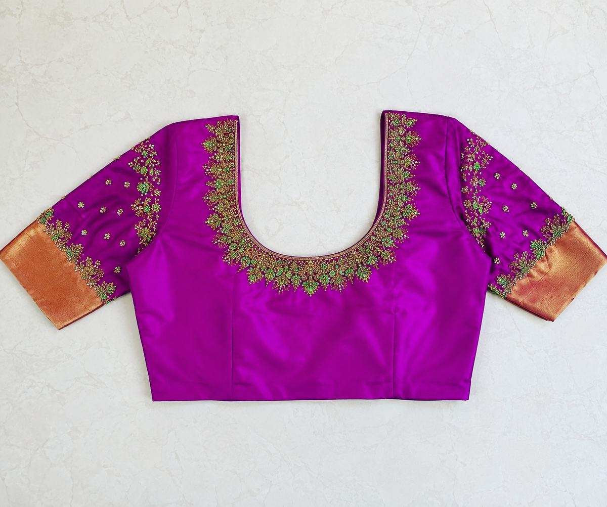 Premium Magenta Designer Blouse with Sheer Net Back & Zari Embroidery Work