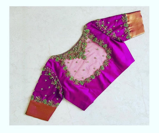 Premium Magenta Designer Blouse with Sheer Net Back & Zari Embroidery Work
