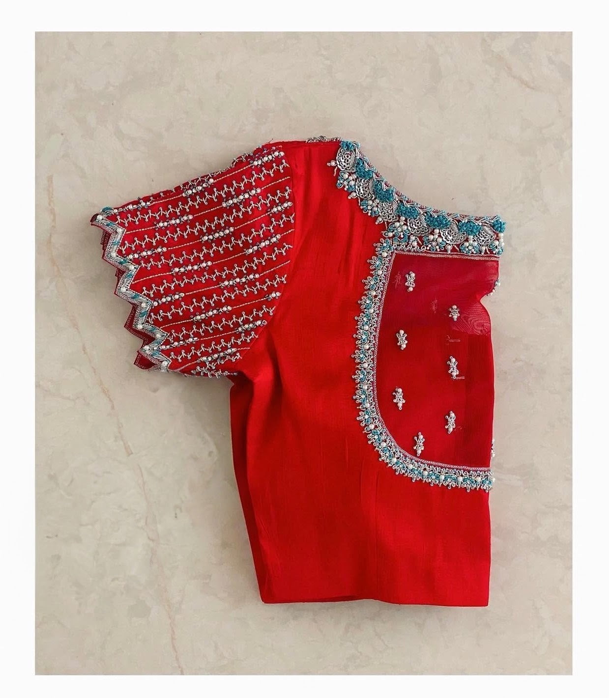 Elegant Red Designer Blouse with Sheer Back Net & Scalloped Embroidered Sleeves