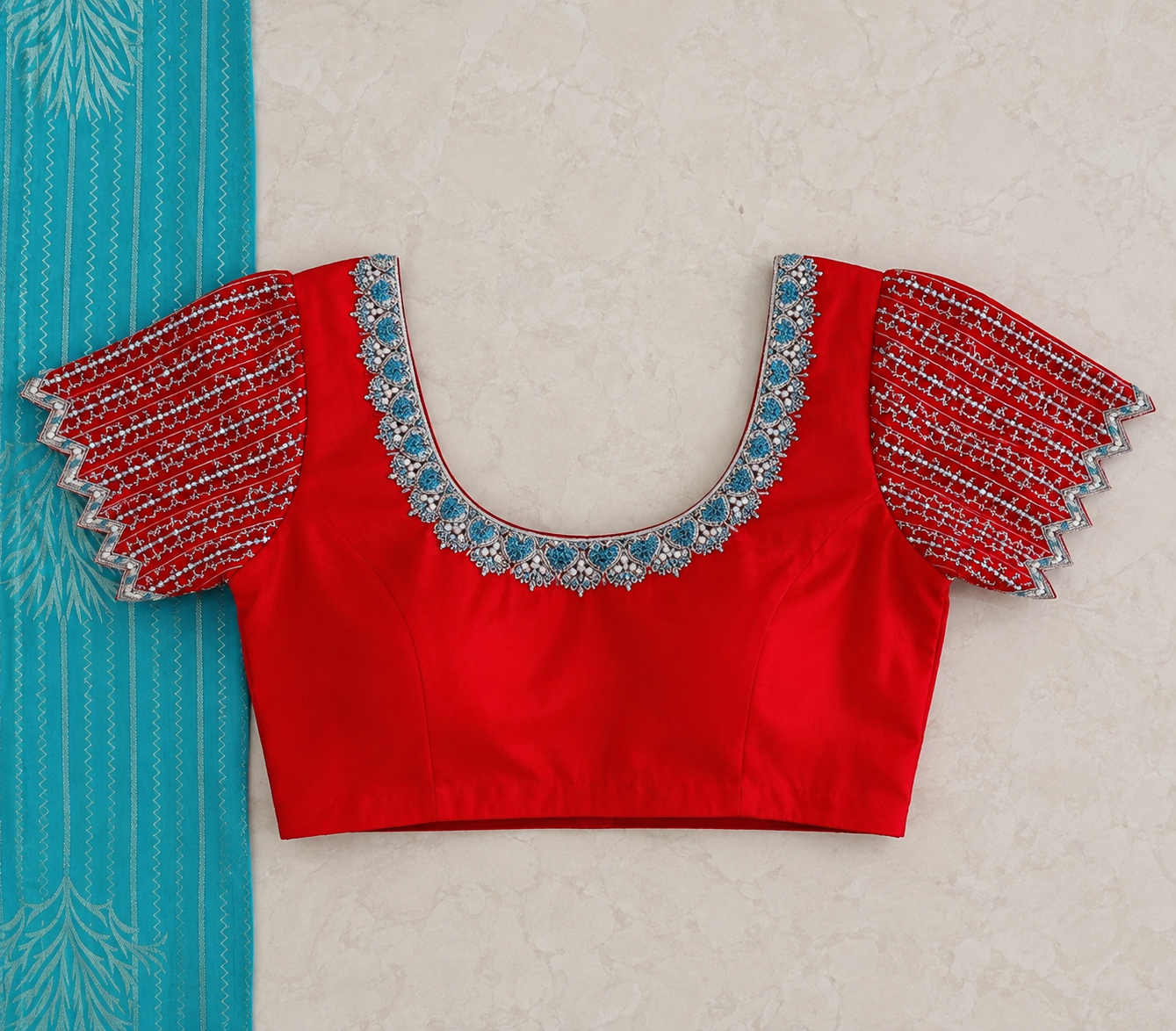 Elegant Red Designer Blouse with Sheer Back Net & Scalloped Embroidered Sleeves