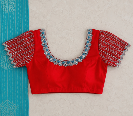 Elegant Red Designer Blouse with Sheer Back Net & Scalloped Embroidered Sleeves