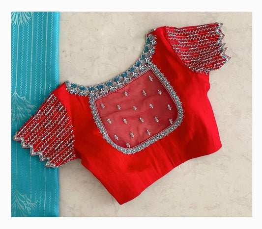 Elegant Red Designer Blouse with Sheer Back Net & Scalloped Embroidered Sleeves